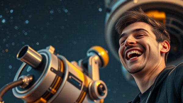 Rogue planets exploration with person next to a space telescope in stars.