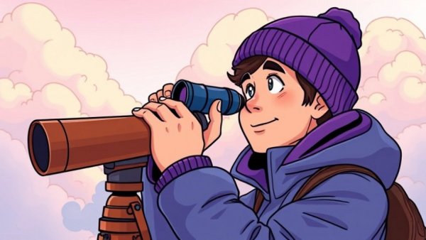 Illustrated person in purple attire using a telescope, pastel clouds, Civics Education 2026.