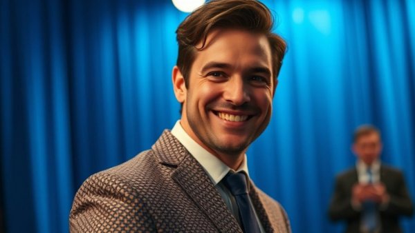 Smiling man at award event in a patterned suit, representing an achievement-related occasion.