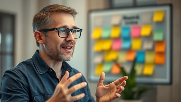 Casual man discussing productivity and goal setting indoors.