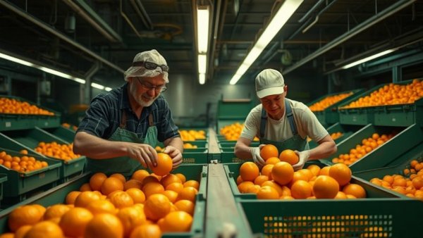 Workers sorting oranges in a facility, highlighting AGOA Renewal production.