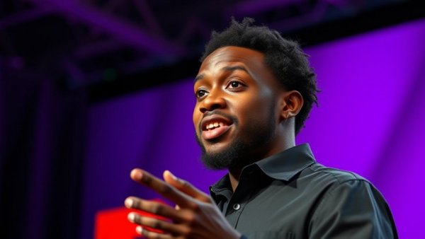 AI Africa Innovation speaker presenting at TED Talk stage.