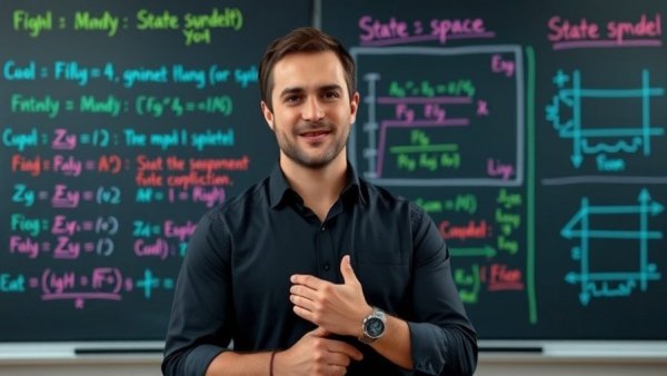 State Space Models AI presenter in front of digital blackboard.