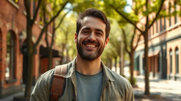 AI Africa filmmakers and developers, smiling man in urban setting.