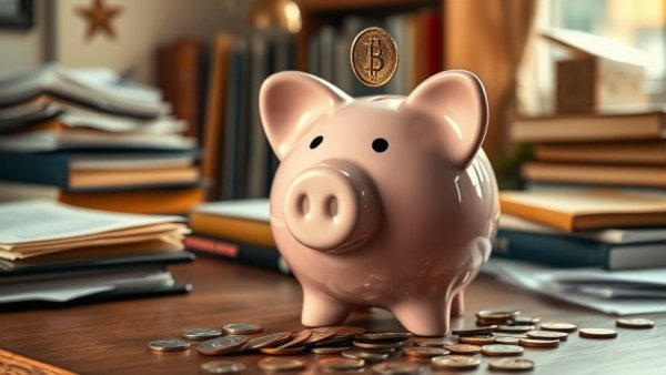 Pink piggy bank with coins on a desk, photorealistic image.