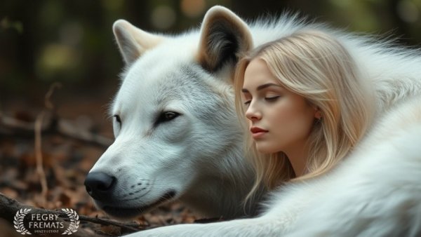 Wolf resting with woman overlay discussing Yellowstone ecosystem.