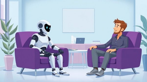 AI literacy education depicted with a robot and man in conversation.