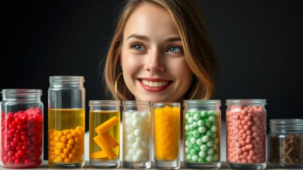 Smiling woman with bioplastic samples highlighting bacteria in waste management.