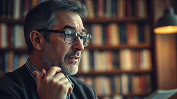 Thoughtful man discussing in a library, flawed American heroes theme.