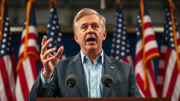 Trump's Tariff Threat: Speaker gesturing in front of American flags.