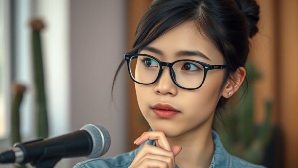Young woman with glasses speaks indoors with cactus, natural lighting.