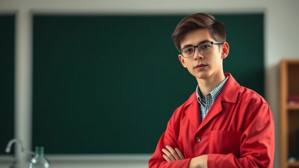 Young scientist in red lab coat explaining liquid nitrogen boiling.