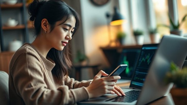 Young woman using technology for AI-driven decision making in trade.