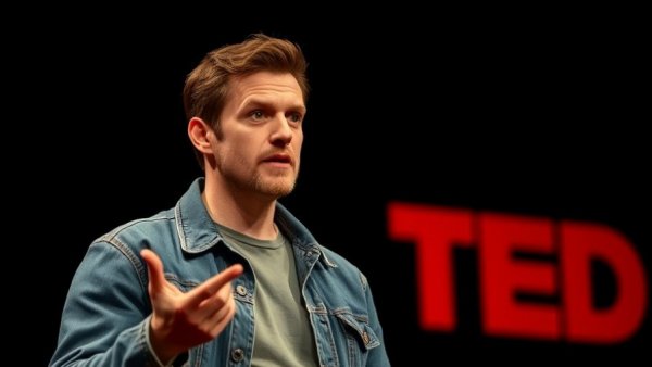 Thoughtful speaker discusses housing costs on stage, TED talk scene.
