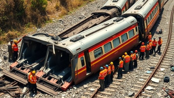 Spain fatal high-speed rail crash investigation scene with rescue teams.