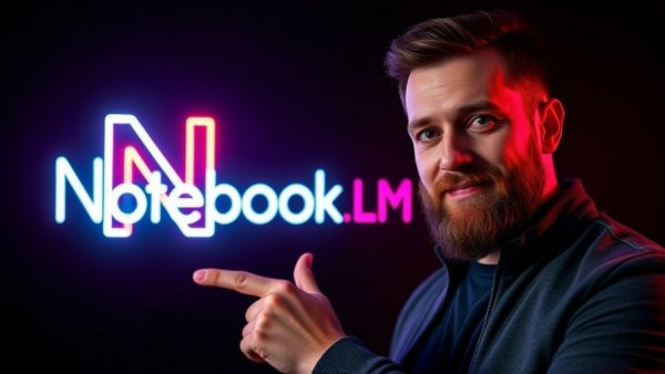 Confident man showcasing NotebookLM logo in vibrant neon colors.
