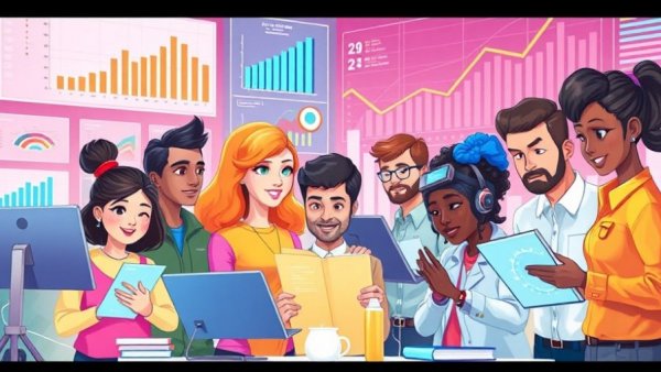 Futuristic education data analysis scene with diverse characters.