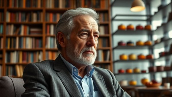 Distinguished older gentleman in a modern library setting.