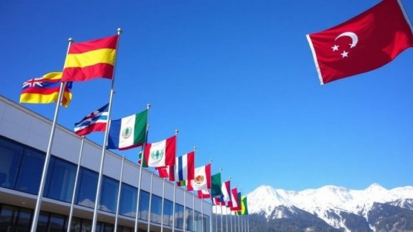 International flags at economic forum in Davos with mountains.