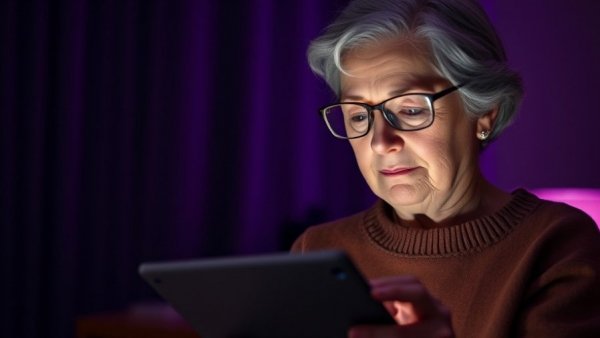 Focused woman reading a tablet indoors.