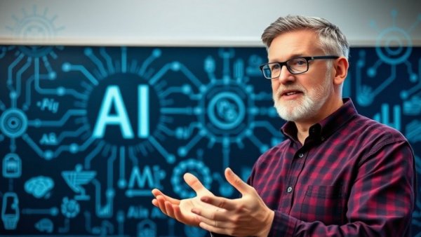 Middle-aged man presenting on AI in education, futuristic background.