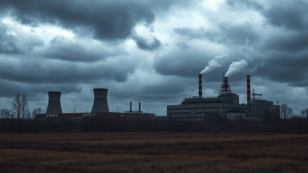 Chernobyl power plant with overcast sky signifying off-site power loss.