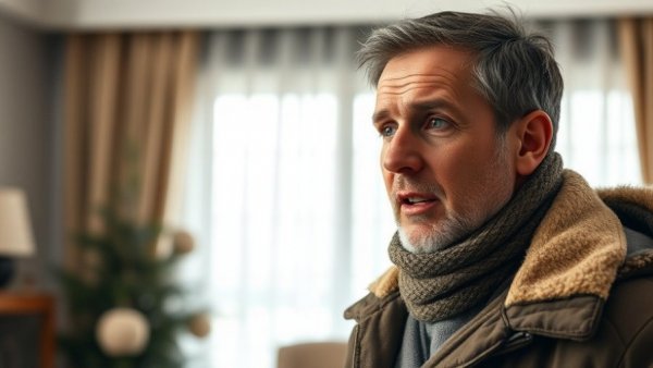 Man in winter clothing speaking indoors about heating issues.