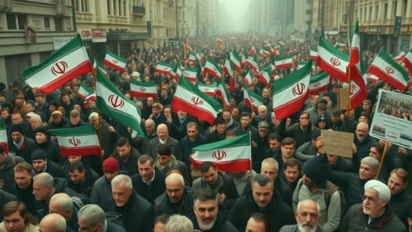 Protest scene addressing U.S. policies in Iranian police state.