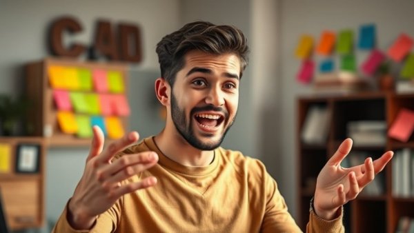Young man explaining productivity and goal setting concepts at home office.