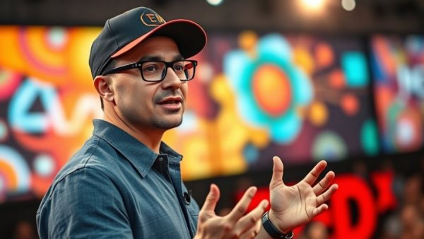 Confident speaker at TED Talk discussing changing film experiences.