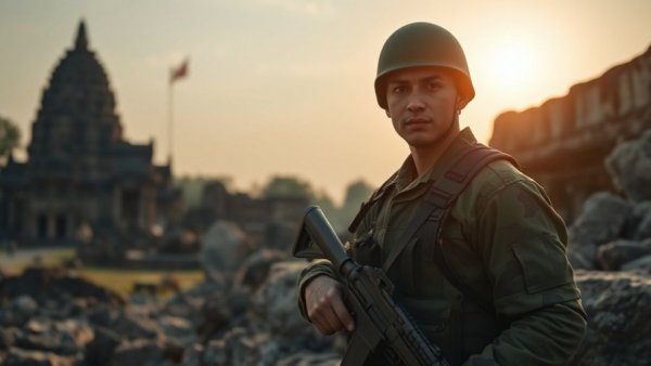 Khmer temples conflict scene with soldier and ruins.