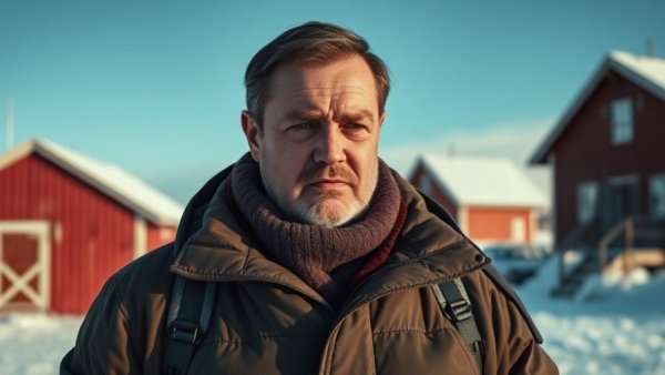 Man reacting to Trump Greenland proposal amid snowy Nordic setting.