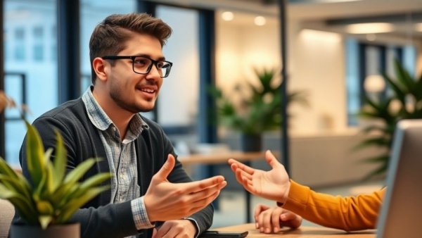Man discussing productivity and goal setting benefits in a modern office environment.