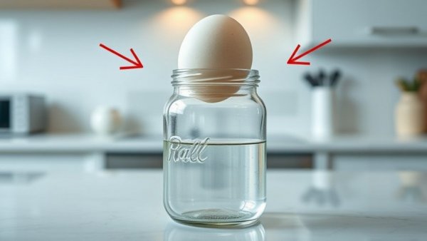 Egg in jar science experiment on kitchen counter