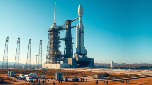 NASA Artemis II Rocket Mission: Rocket on launchpad with clear sky.