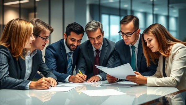 Professionals in formal meeting discussing documents in aviation context.