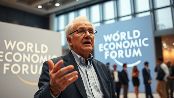 Elderly man at World Economic Forum location discussing. Greenland trade agreement context.