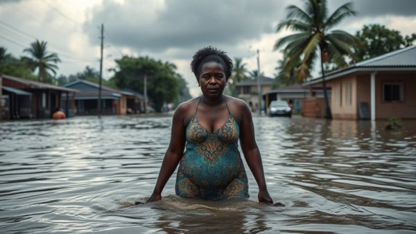 Mozambique floods: woman wades through submerged streets, homes partially underwater.