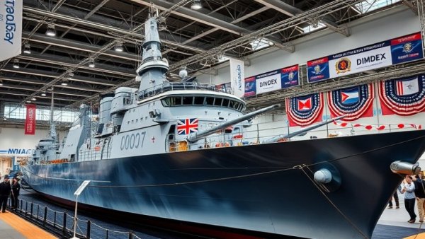 Warship at maritime security DIMDEX expo, highlighting naval capabilities.