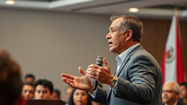 Determined speaker discusses Peru president impeachment, indoor setting.