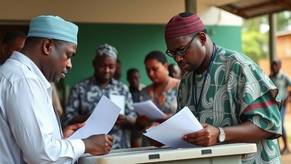Nigerian officials manage 2027 election ballots outdoors.