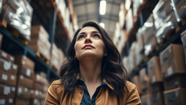 AI Transforms Global Shipping: Confident woman in a warehouse looking up.