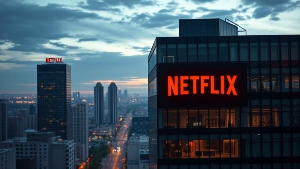 Netflix headquarters against city skyline reflecting stock drop impact.