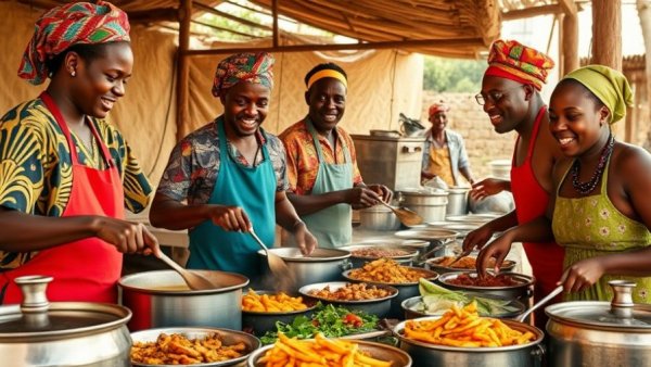 Dieuveil Malonga Cooking Across Africa: Chefs create traditional dishes in a vibrant scene.