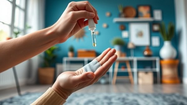 Close-up of a hand holding a dropper under socked foot, modern room.