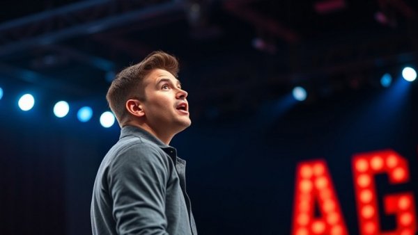 Passionate young man speaking on stage under vibrant lighting.