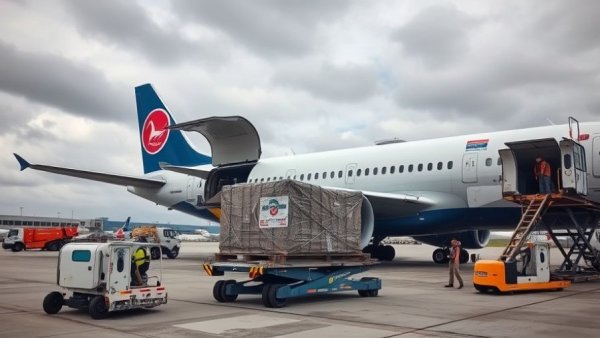 African air cargo being loaded onto an airplane on the tarmac.