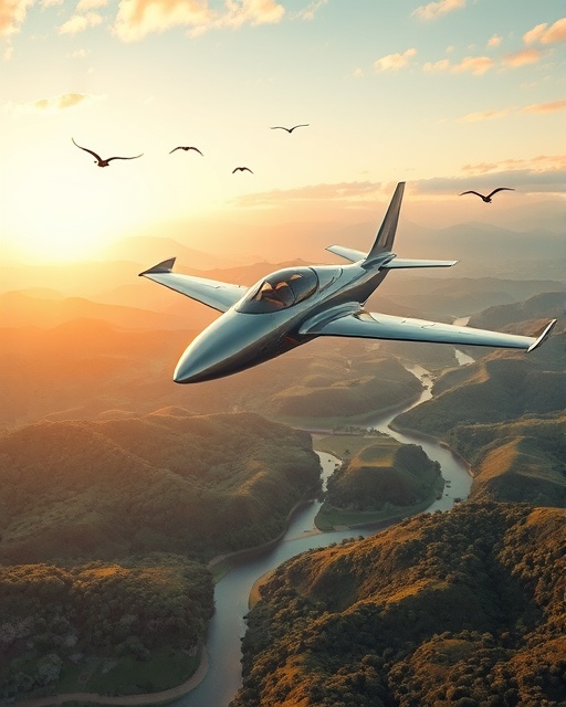 futuristic ashaba plane, gliding, cruising above scenic valleys, photorealistic, with verdant hills and winding rivers below, highly detailed, birds flying alongside, captured in HDR, metallic gray, golden sunset glow, shot with a 35mm lens.