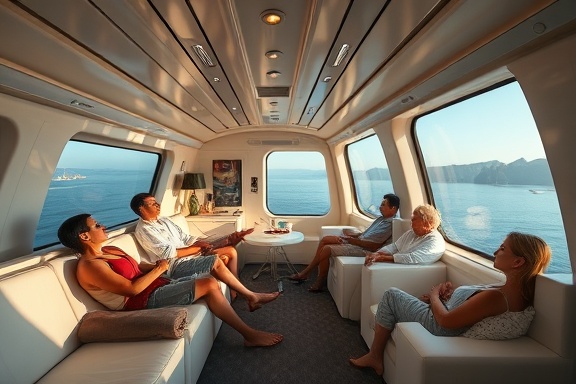 luxurious ashaba travel, breathtaking, passengers lounging comfortably, photorealistic, in a spacious cabin with panoramic windows, highly detailed, ambient lights reflecting off surfaces, ultra-sharp focus, creamy white and soft blues, soft ambient lighting, shot with a 50mm lens.