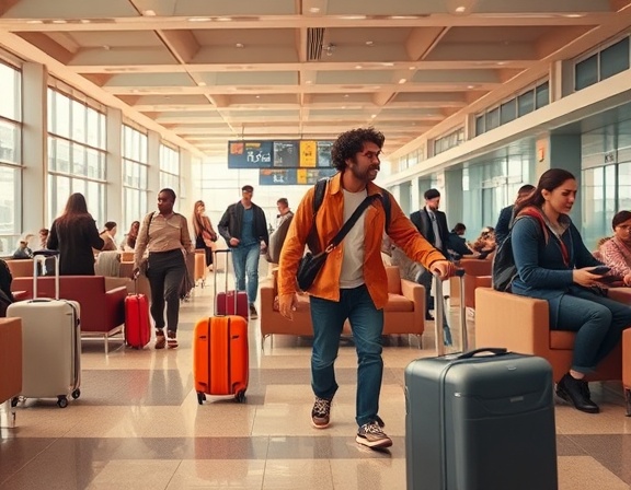 dynamic Ashaba Travel scene, exciting and vibrant, travelers with luggage, photorealistic, inside a modern airport lounge with comfortable seating, highly detailed, people interacting, 35mm lens, warm earth tones, soft ambient light, shot with a medium lens